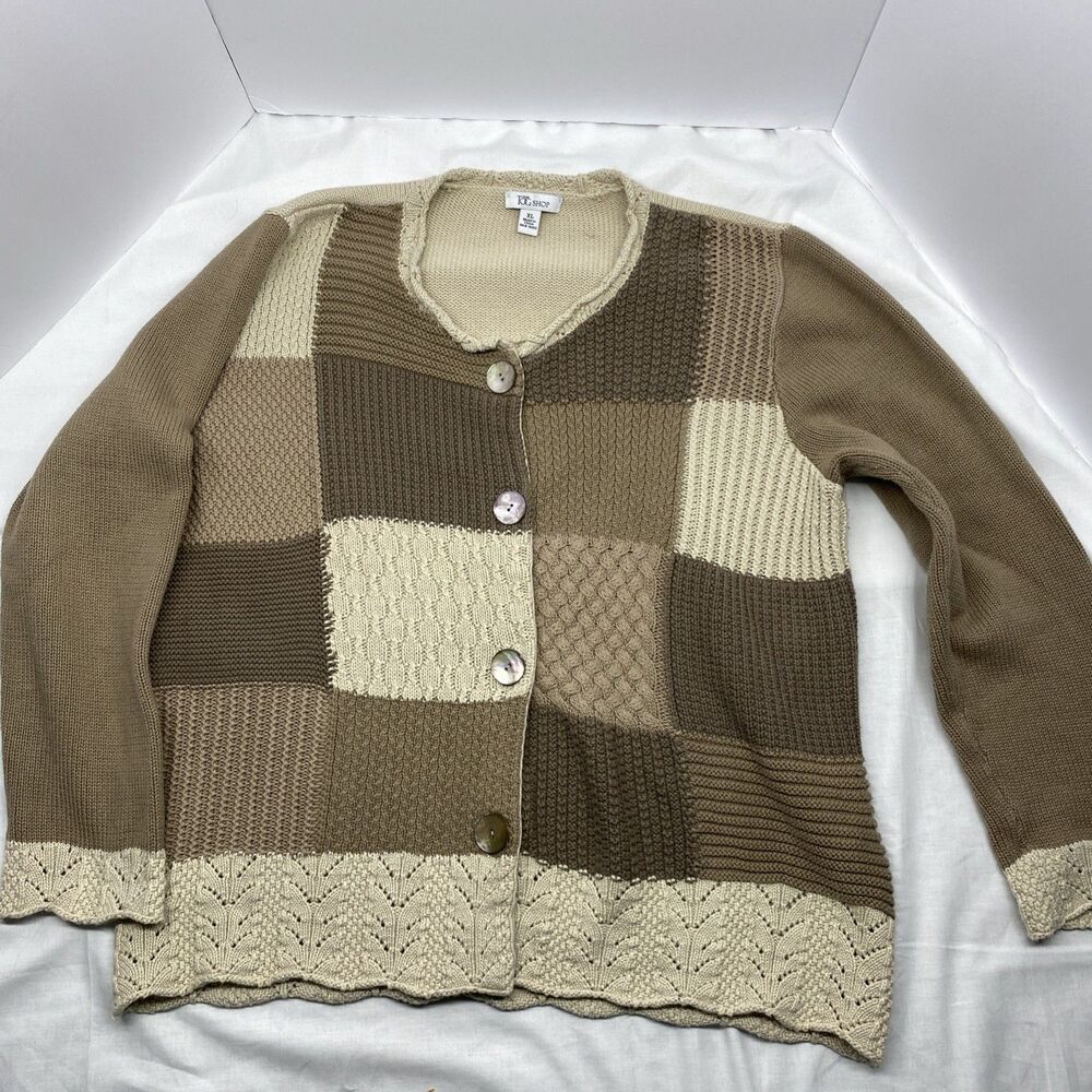 The Tog Shop Patchwork Cardigan XL Boho Cottagecore Mother of Pearl Buttons Knit